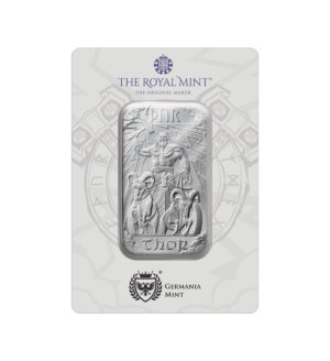 Perspectiva frontal del reverso del lingote de plata de 1oz Thor, que muestra al dios en un carro tirado por cabras.