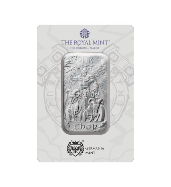 Perspectiva frontal del reverso del lingote de plata de 1oz Thor, que muestra al dios en un carro tirado por cabras.