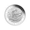 Perspectiva frontal de la cruz de la moneda de plata Cisne de 1oz de 2025, que muestra al animal batiendo las alas frente al amanecer