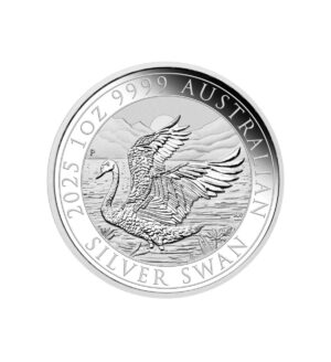 Perspectiva frontal de la cruz de la moneda de plata Cisne de 1oz de 2025, que muestra al animal batiendo las alas frente al amanecer