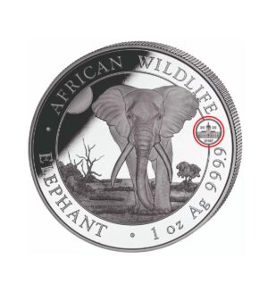 Perspectiva frontal de la cruz de la moneda de plata Elefante de Somalia de 1oz de 2025 de la edición especial del WMF de Berlín