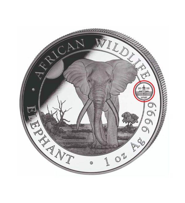 Perspectiva frontal de la cruz de la moneda de plata Elefante de Somalia de 1oz de 2025 de la edición especial del WMF de Berlín
