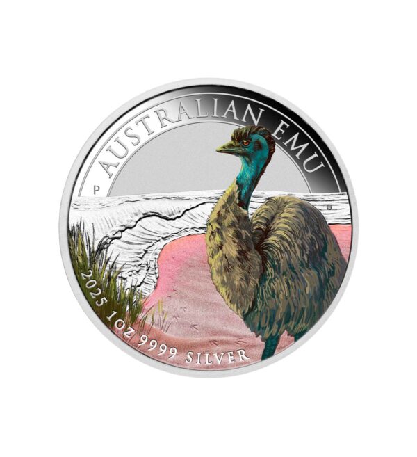 Perspectiva frontal de la moneda de plata Emú Australiano de 1oz de 2025, que muestra al animal de perfil mirando a una playa