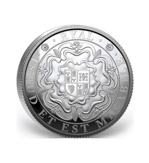 Perspectiva frontal de la moneda de plata Rosa de Islas Malvinas de 1oz de 2025, que muestra la rosa con el escudo de armas del gobierno de la región
