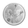 Perspectiva frontal de la moneda de plata Iron Man vs Ultron de 1oz de plata de 2025, que muestra a los contendientes cada uno a un lado diferente de la moneda