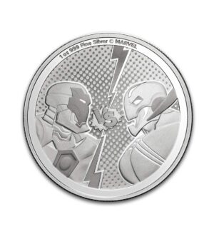 Perspectiva frontal de la moneda de plata Iron Man vs Ultron de 1oz de plata de 2025, que muestra a los contendientes cada uno a un lado diferente de la moneda