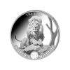 Perspectiva frontal de la moneda de plata León de 1oz de 2025 de la colección Fauna Mundial, que muestra al animal tumbado en una pose majestuosa