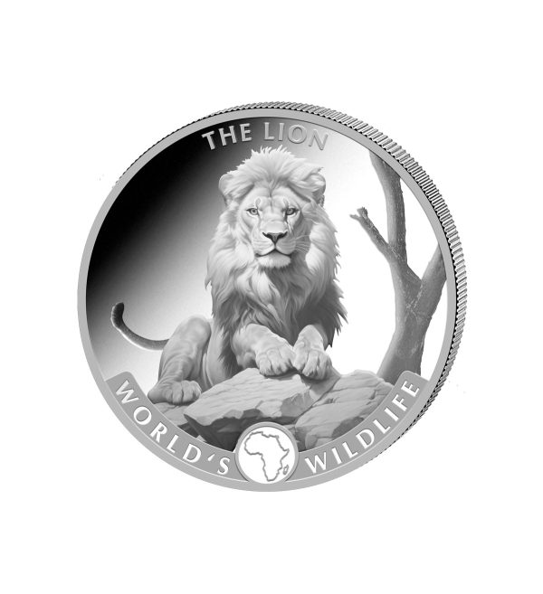 Perspectiva frontal de la moneda de plata León de 1oz de 2025 de la colección Fauna Mundial, que muestra al animal tumbado en una pose majestuosa