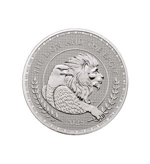 Moneda de plata León y Águila de 5oz de 2025, que muestra a los dos animales cada uno mirando a una dirección diferente con dos laureles bordeando el canto de la moneda