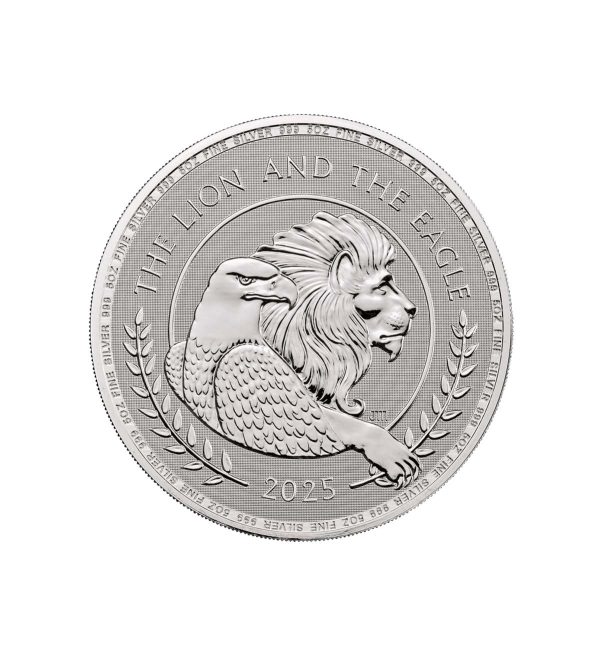 Moneda de plata León y Águila de 5oz de 2025, que muestra a los dos animales cada uno mirando a una dirección diferente con dos laureles bordeando el canto de la moneda