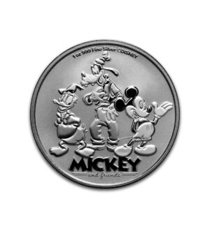 Perspectiva frontal de la cruz de la moneda de plata Mickey, Donald y Goofy de 1oz de 2025, que muestra al trío de amigos de Disney
