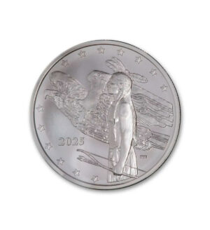 Perspectiva frontal de la cruz de la moneda de plata Nativo Americano de 1oz de 2025, con el indio y el águila de perfil