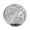 Perspectiva frontal de la moneda de plata Año de la Serpiente de Islas Pitcairn de 1oz de 2025, que muestra al animal rodeado de objetos decorativos de la cultura china