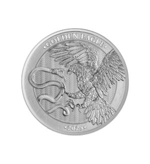 Perspectiva frontal de la cruz de la moneda de plata Golden Eagle de 1oz de 2025, que muestra al águila enfrentándose con la serpiente
