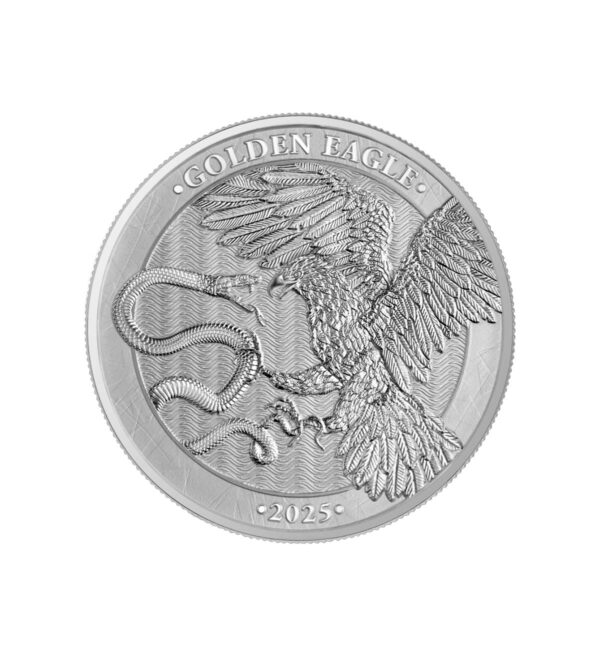 Perspectiva frontal de la cruz de la moneda de plata Golden Eagle de 1oz de 2025, que muestra al águila enfrentándose con la serpiente