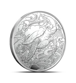 Perspectiva lateral de la moneda de plata Tortuga de 1oz de 2025 y que pertenece a la colección Maravillas del Océano