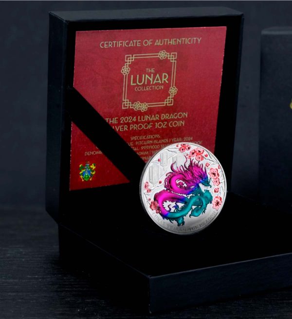 Moneda Pitcairn Año Lunar del Dragón Plata Policromada 1 oz 2024