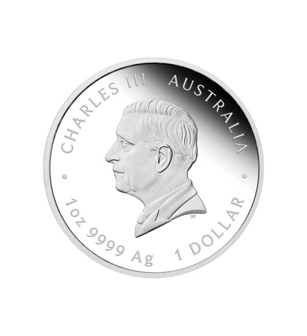 Perspectiva frontal de la cara de la moneda de plata Dólar pilar de 1oz de 2025, que muestra al monarca Carlos III