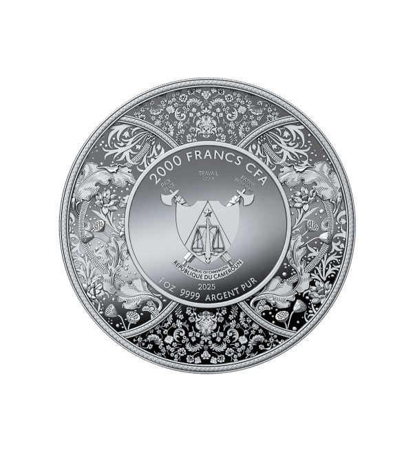 Perspectiva frontal de la cara de la moneda de plata Durga de 1oz de 2025 de la colección Diosa hindú