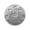 Perspectiva frontal de la cara de la moneda de plata León de 1oz de 2025, que muestra dos rostros a la mitad del felino