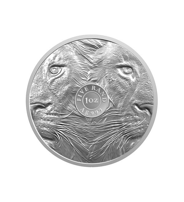 Perspectiva frontal de la cara de la moneda de plata León de 1oz de 2025, que muestra dos rostros a la mitad del felino