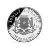 Perspectiva lateral de la cara de la moneda de plata Leopardo de 1oz de 2025, que muestra el escudo de armas de la República de Somalia
