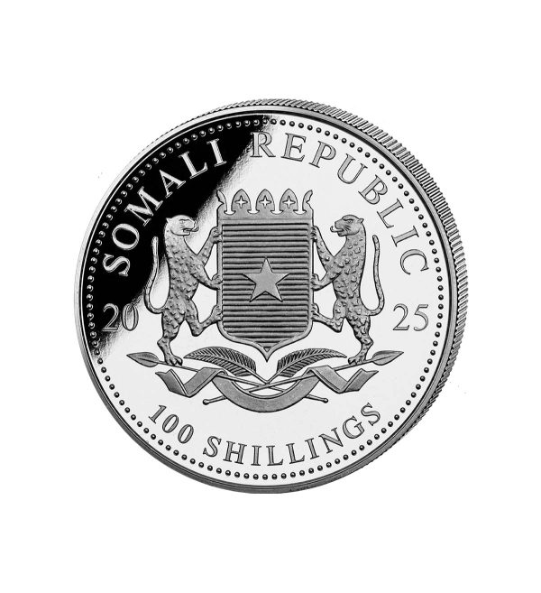 Perspectiva lateral de la cara de la moneda de plata Leopardo de 1oz de 2025, que muestra el escudo de armas de la República de Somalia