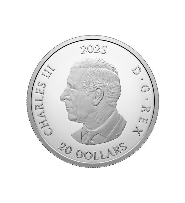 Perspectiva frontal de la cara de la moneda de plata Triple Maple Leaf de 1oz de 2025, que muestra el rostro del monarca Carlos III