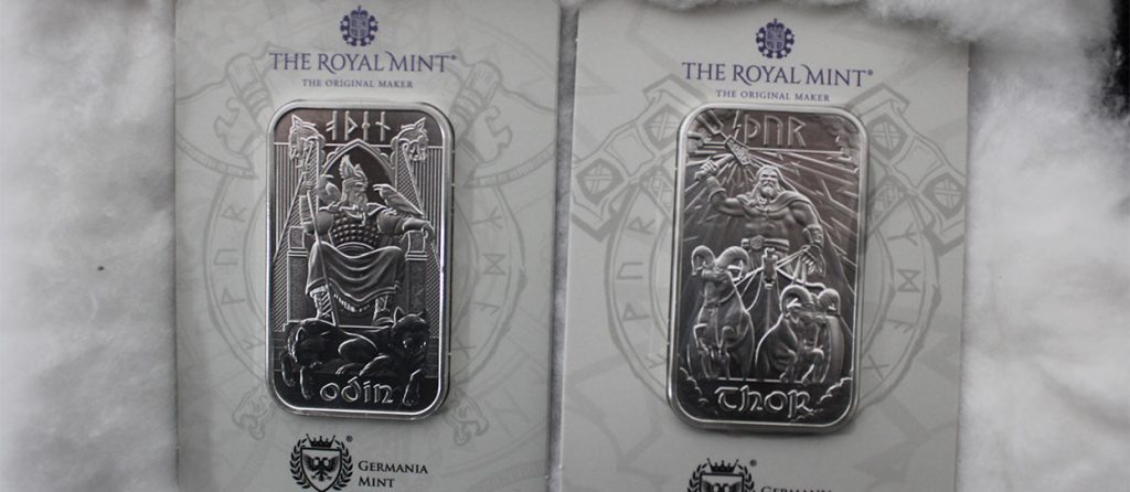 Lingotes de plata de la colección Dioses Nórdicos de The Royal Mint, con Odín y Thor como principales lanzamientos