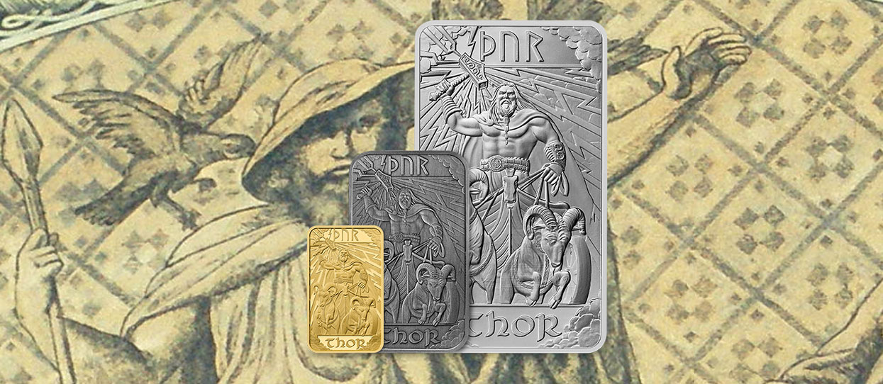 Banner de un póster de Odín de fondo con sus tres lingotes de The Royal Mint