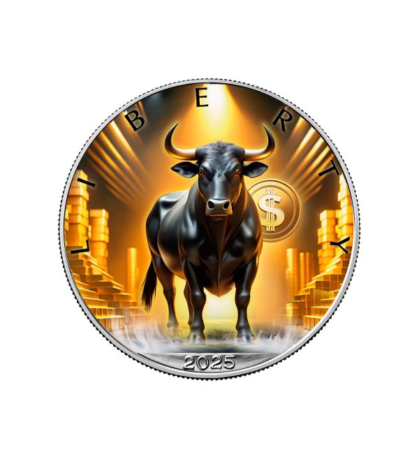 Perspectiva frontal de la cruz de la moneda de plata dorada Toro Liberty de 1oz de 2025, que muestra al toro rodeado de lingotes de oro