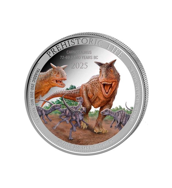 Moneda Carnotaurus Plata Policromada 1 oz 2025 - Serie Prehistoric Life