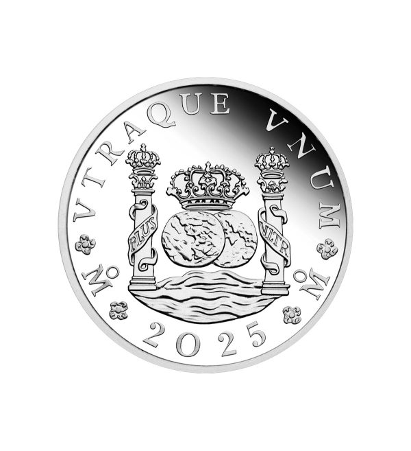 Perspectiva frontal de la cruz de la moneda de plata Dólar Pilar de 1oz de 2025, que muestra el escudo de España