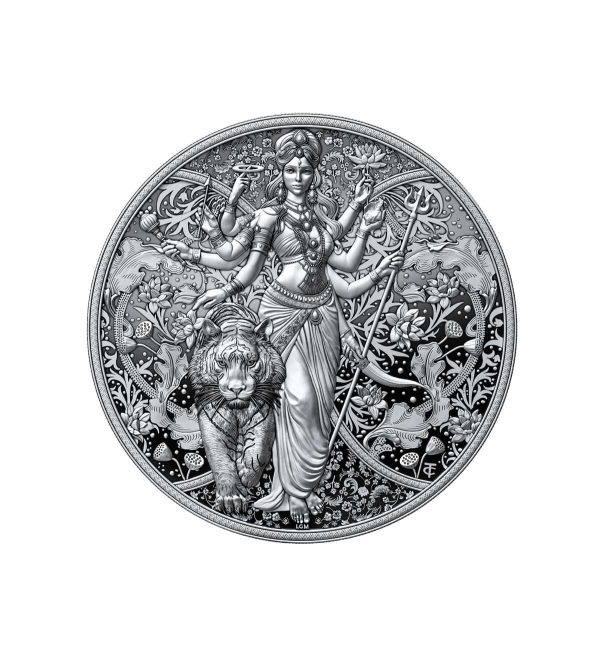 Perspectiva frontal de la cara de la moneda de plata Durga de 1oz de 2025, de la colección Diosa hindú