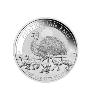 Perspectiva frontal de la cruz de la moneda de plata Emú australiano de 1oz de 2025, que muestra a una madre rodeada de sus crías