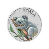 Perspectiva frontal de la cruz de la moneda de plata policromada Koala de 1oz de 2025, que muestra el animal a color posado sobre un árbol.