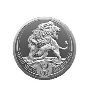 Perspectiva frontal de la cruz de la moneda de plata León de 1oz de 2025 de la colección Big Five