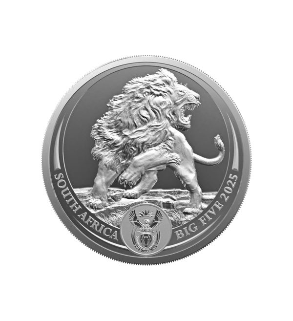 Perspectiva frontal de la cruz de la moneda de plata León de 1oz de 2025 de la colección Big Five