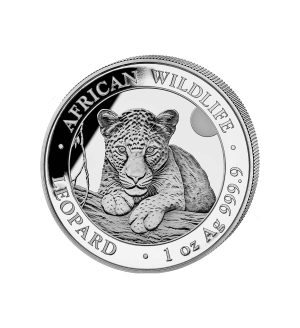 Perspectiva de lado de la cruz de la moneda de plata Leopardo de 1oz de 2025 de la colección Fauna Africana de 1oz de 2025