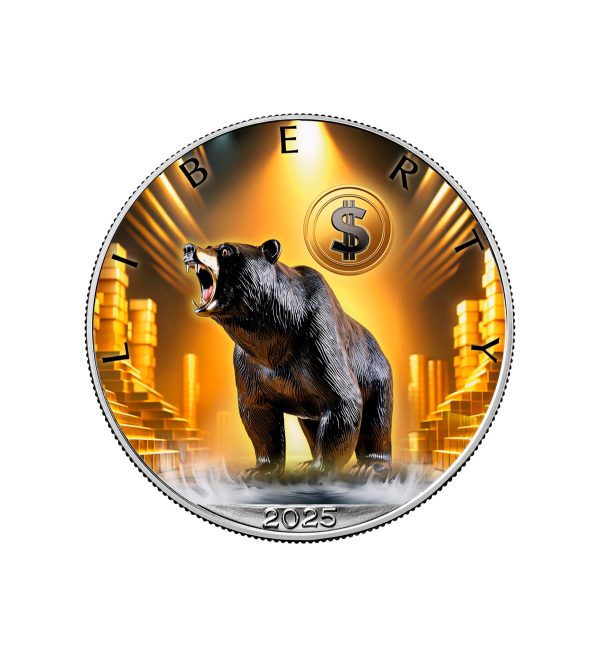 Perspectiva frontal de la cruz de la moneda de plata Oso Liberty de 1oz de 2025, que muestra al animal en una bóveda del banco rodeada de lingotes