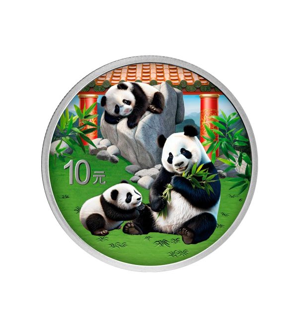 Perspectiva frontal de la cara de la moneda de plata policromada Panda Chino de 30g de 2025, que muestra a tres osos sentados sobre un césped