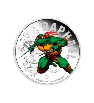 Perspectiva frontal de la cruz de la moneda de plata policromada Raphael de 1oz de 2025, que muestra al personaje irrumpiendo de un muro portando sus sais