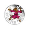 Perspectiva frontal de la cruz de la moneda de plata policromada Splinter de 1oz de 2025, que muestra a la rata ninja a color en plena posición de combate
