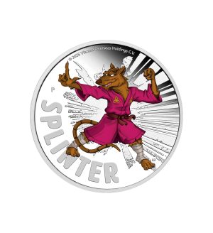 Perspectiva frontal de la cruz de la moneda de plata policromada Splinter de 1oz de 2025, que muestra a la rata ninja a color en plena posición de combate