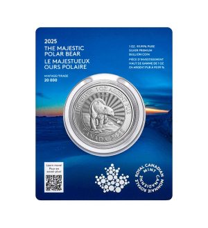 Perspectiva frontal del anverso del blister de la moneda de plata The Majestic Polar Bear de 1oz de 2025