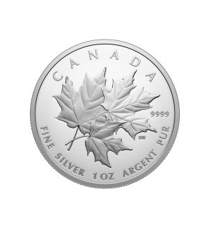 Perspectiva frontal de la cruz de la moneda de plata triple Maple Leaf de 1oz de 2025, que muestra tres hojas superpuestas la una sobre la otra