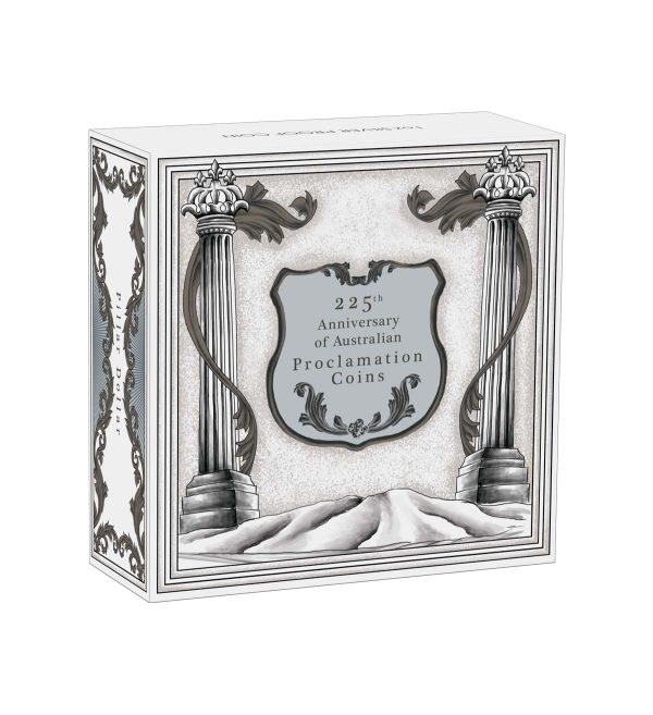 Perspectiva frontal de la caja que protege la moneda de plata Dólar Pilar de 1oz de 2025