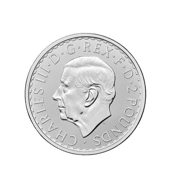 Perspectiva frontal de la cara de la moneda de plata Britannia de 1oz de 2026, que muestra el rostro de Charles III