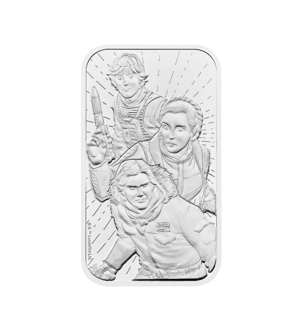 lingote-lado-luminoso-plata-1-oz-star-wars Perspectiva frontal del lingote de plata Lado luminoso de 1oz, que muestra a Han Solo, princesa Leia y Luke Skywalker