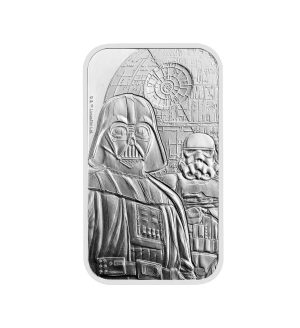 lingote-lado-oscuro-plata-1-oz-star-wars Perspectiva frontal del lingote de plata Lado oscuro de 1 oz de la colección Star Wars, que muestra a Darth Vader junto a la Estrella de la Muerte y un soldado